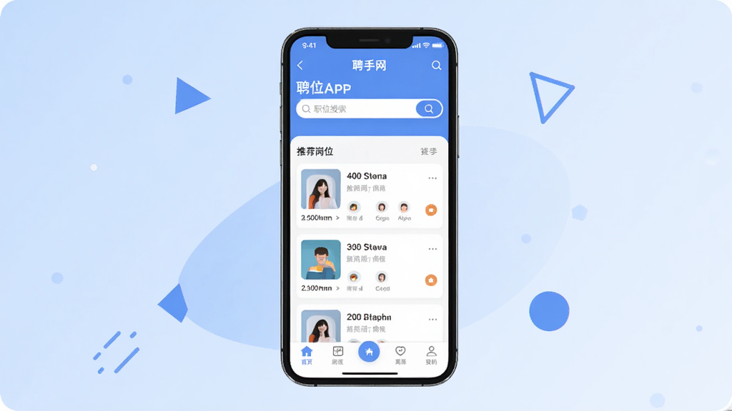 聘手网APP主界面展示,画面中央是一部智能手机,屏幕上显示聘手网应用首页,包含职位搜索框、推荐岗位列表和底部导航栏。背景为浅蓝色渐变,点缀简洁的几何图形。整体风格清爽现代,扁平化设计,画质清晰,干净无多余元素。