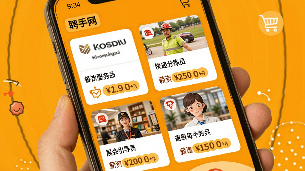 聘手网职位列表页面展示,手机屏幕中呈现不同类别的兼职岗位卡片,如餐饮服务员、快递分拣员、展会引导员等,每张卡片带有公司标识和薪资标签。背景为明亮的橙黄色调,搭配简洁图标,风格活泼且专业,画质清晰,无杂乱元素。