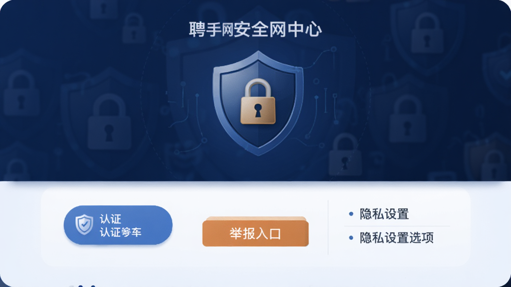 聘手网安全中心页面,手机屏幕展示认证标识、举报入口和隐私设置选项,背景为深蓝色调,带有盾牌和锁形图标,风格稳重安全,画质清晰,排版整齐,无多余元素。