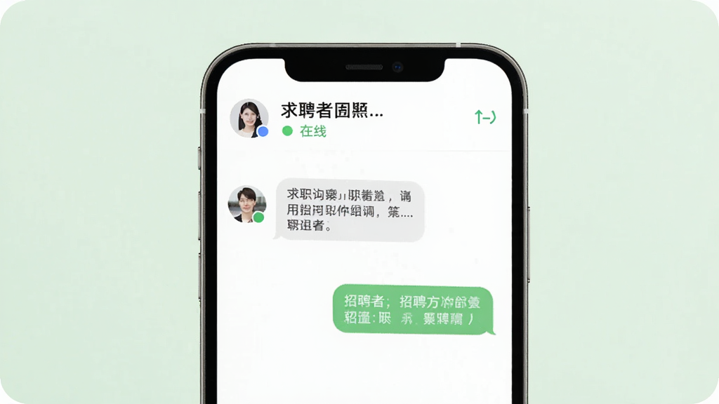 聘手网即时沟通界面,手机屏幕显示聊天窗口,左侧为求职者发出的询问消息,右侧为招聘方回复,顶部显示对方公司名称和在线状态。背景为柔和的浅绿色,界面干净整洁,风格简约商务,画质高清,无多余装饰。