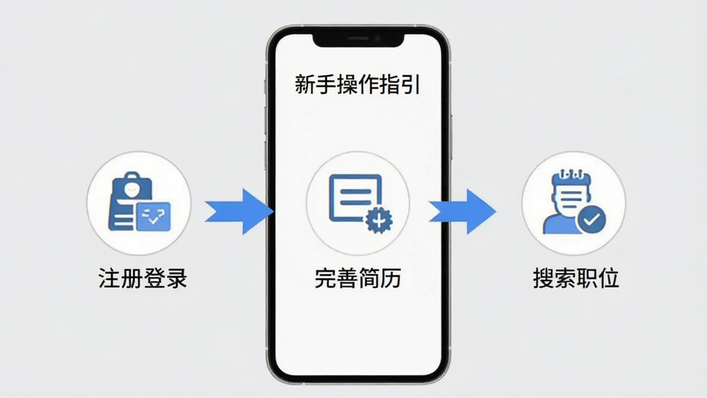 聘手网新手操作指引示意图,手机屏幕展示注册登录、完善简历、搜索职位三个步骤的图标化流程,背景为浅灰色,搭配蓝色箭头引导,风格简洁明了,画质清晰,无多余元素。