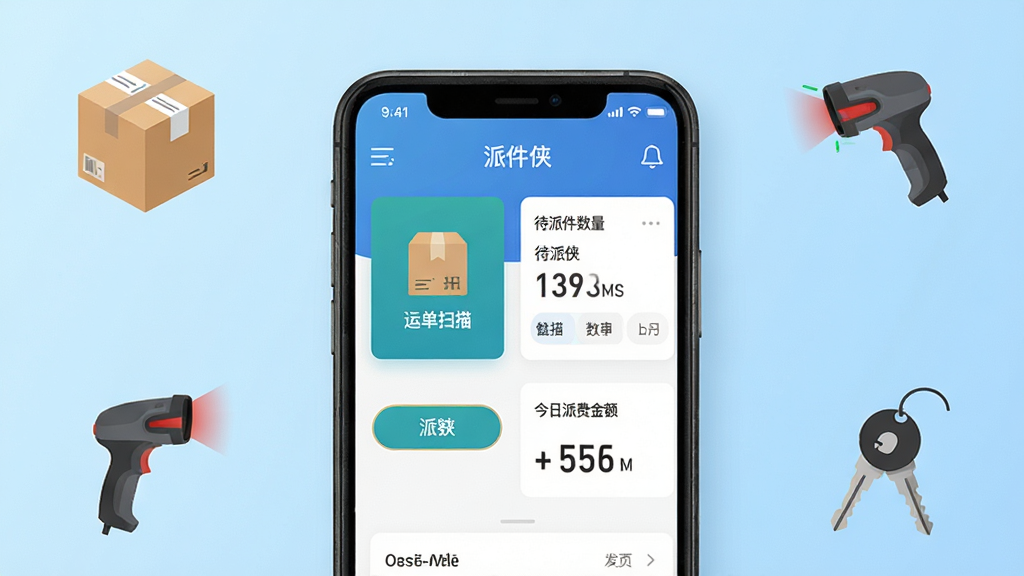 派件侠用户端软件主界面展示图,画面中央放置一部智能手机,手机屏幕显示派件侠用户端应用首页,界面中包含运单扫描入口、待派件数量统计卡片、今日派费金额展示区域,背景为干净的浅蓝色渐变,周围环绕快递纸箱、扫描枪、电动车钥匙等派件元素图标,整体排版简洁清晰,风格为扁平化科技风,细节上突出手机屏幕内的功能按钮和数字信息,画质高清,干净无多余元素