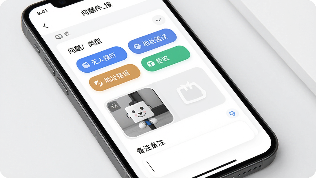 派件侠用户端问题件上报功能界面图,画面展示手机屏幕上的问题件上报页面,包含问题类型选择按钮如无人接听、地址错误、拒收等,下方有拍照上传区域和备注输入框,背景为简洁的白色卡片式布局,风格为现代UI设计风,细节上突出按钮的圆角设计和图标配色,画质高清,干净无多余元素