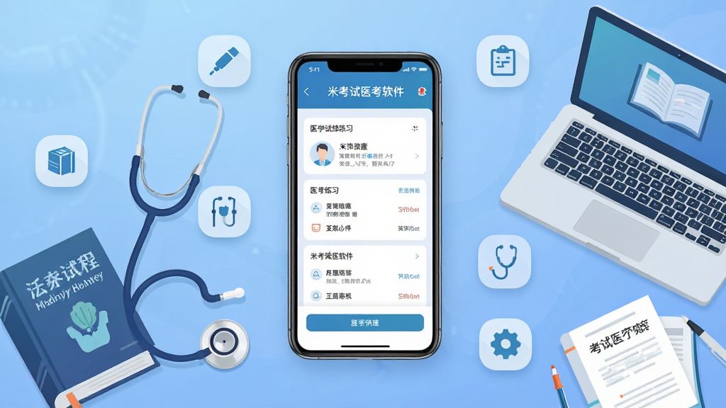 米考试医考软件主界面展示,中央放置一部智能手机,屏幕显示医学题库练习页面,周围环绕听诊器、医学书籍、笔记本电脑等学习元素,布局采用居中构图,排版清晰有序,风格为扁平化科技感,细节包括柔和的蓝色渐变背景与简洁的图标装饰,画质高清,画面干净,无多余元素