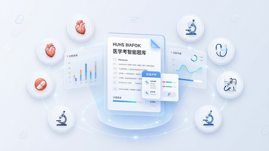 米考试医考智能题库界面,画面中央是悬浮的虚拟试卷与答题卡,四周分布着不同医学学科的图标如心脏、药丸、显微镜等,布局采用放射状排列,排版层次分明,风格为现代简约科技风,细节包含半透明的数据图表与进度条,画质清晰,画面干净,无多余元素