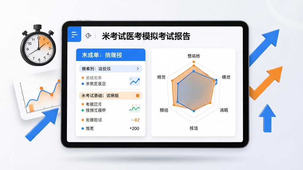 米考试医考模拟考试报告页面,画面主体为一块悬浮的平板屏幕,显示成绩单与雷达图分析,周围点缀着计时器、图表箭头等元素,布局采用左右分栏,排版规整,风格为商务数据可视化,细节包括蓝色与橙色的数据高亮,画质高清,画面干净,无多余元素