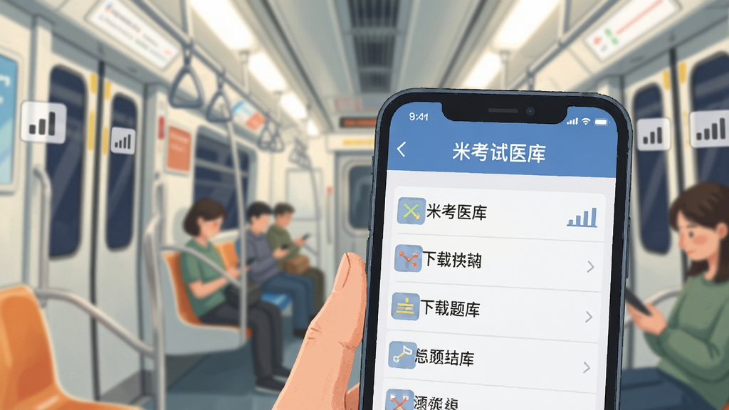 米考试医考离线学习场景,画面展示一部手机在无网络环境下显示已下载题库列表,背景为地铁车厢与信号格图标,布局采用前景手机后景环境的层次感,排版简洁,风格为生活化插画,细节包含柔和的灯光与清晰的界面元素,画质清晰,画面干净,无多余元素