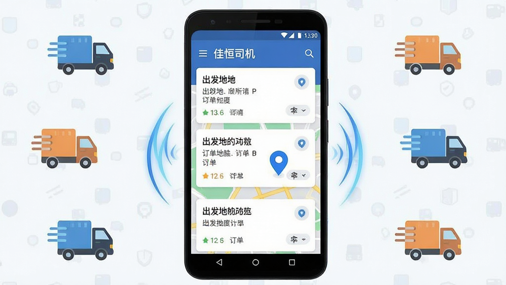 一张表现“佳恒司机”订单智能推送功能的界面示意图,画面主体为一部安卓手机,屏幕中显示多个订单卡片与地图定位标记,布局为手机居中、周围环绕简洁的货运图标元素,排版采用居中对称结构,风格为扁平化科技风,细节包括订单卡片上的出发地目的地文字、地图上的蓝色定位点、推送动画线条,画质清晰、干净、无多余元素