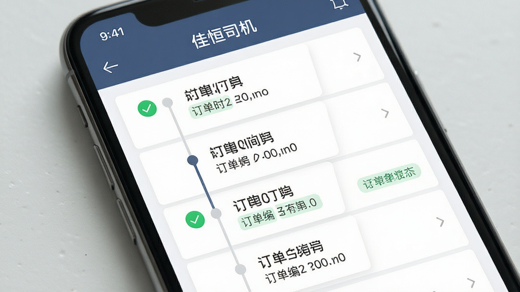 一张展示“佳恒司机”行程状态管理功能的界面截图风格图片,画面主体为手机屏幕显示行程时间轴与状态标签,布局为纵向列表结构,排版清晰分区,风格为简约商务风,细节包括绿色状态勾选图标、时间节点文字、订单编号信息,画质高清、干净、无多余元素