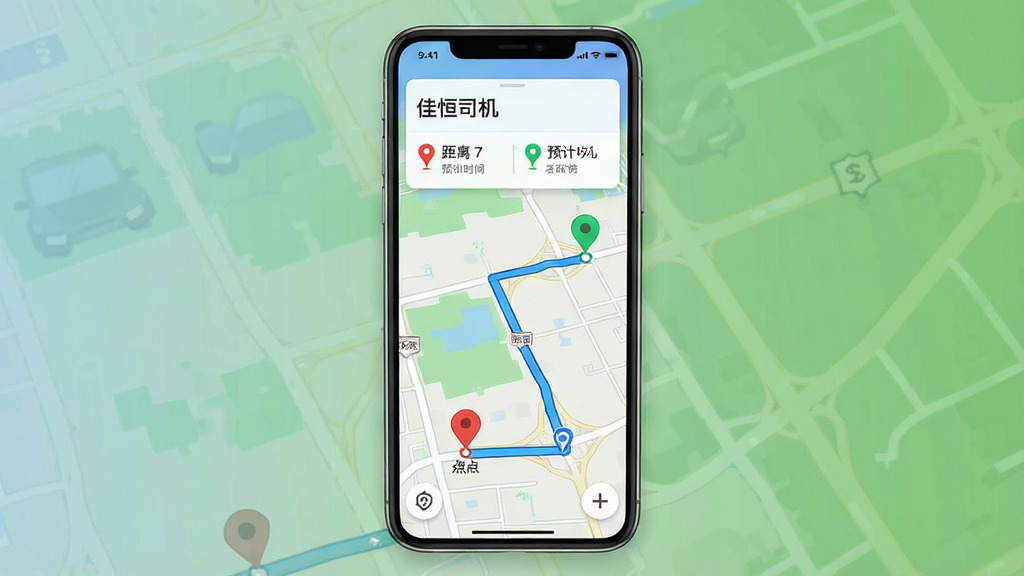 一张表现“佳恒司机”地图路线参考功能的界面示意图,画面主体为手机屏幕显示地图路线与起终点标记,布局为全屏地图铺满、上方悬浮路线信息卡片,排版采用上下结构,风格为现代地图应用风,细节包括蓝色路线线条、红色起点标记、绿色终点标记、距离与预计时间文字,画质清晰、干净、无多余元素