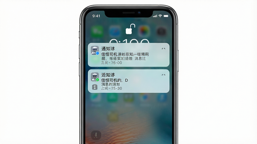 一张展示“佳恒司机”消息通知提醒功能的手机界面图片,画面主体为手机锁屏与通知弹窗,布局为手机居中、通知卡片从上方滑入,排版简洁,风格为真实手机系统截图风,细节包括通知图标、消息摘要文字、时间戳,画质高清、干净、无多余元素
