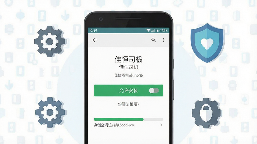一张展示安卓手机安装“佳恒司机”应用过程的示意图,画面主体为手机屏幕显示安装权限设置页面与进度条,布局为手机居中、周围环绕设置图标与安全盾牌元素,排版简洁明了,风格为扁平化教程插画风,细节包括“允许安装”按钮、权限开关、存储空间提示文字,画质高清、干净、无多余元素