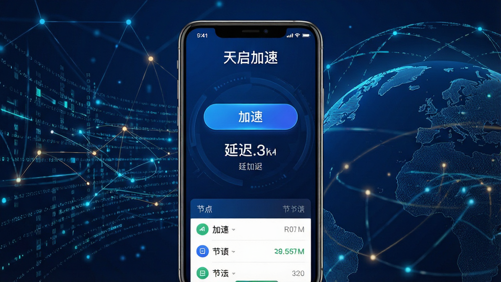 一张展示“天启加速”手机应用主界面的图片,画面中央是一部现代智能手机,屏幕显示深蓝色科技感UI界面,顶部有“天启加速”文字标识,中间显示加速按钮和延迟数值,底部有节点列表,背景为抽象的网络数据流与地球轮廓,风格简洁科技感强,细节清晰,画质高清,干净无多余元素