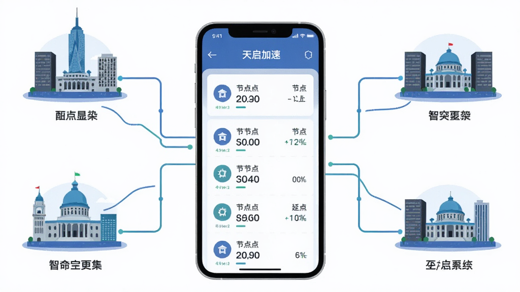 一张展示“天启加速”智能节点调度功能的示意图,画面中心是手机屏幕显示多个节点列表和延迟数值,周围用线条连接不同城市地标代表服务器位置,风格为扁平化科技插画,细节清晰,画质高清,干净无多余元素