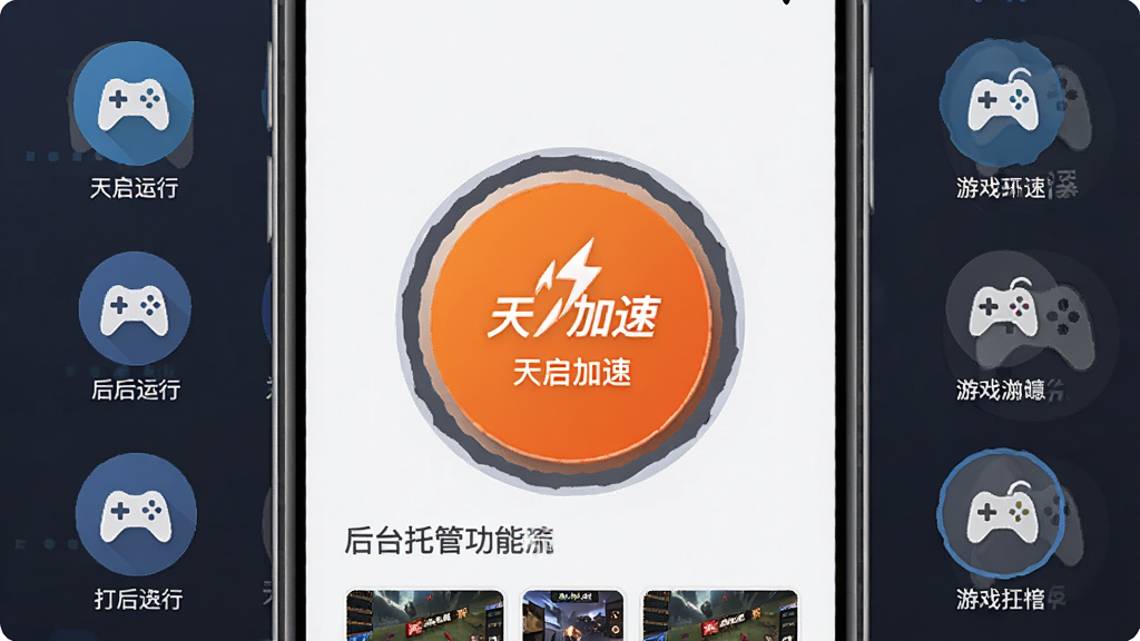 一张展示“天启加速”一键加速按钮和后台托管功能的图片,手机屏幕中央有一个醒目的圆形加速按钮,周围有简洁的图标表示后台运行和游戏列表,风格为现代扁平化设计,细节清晰,画质高清,干净无多余元素