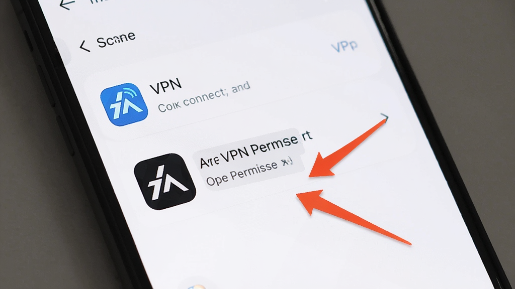 一张展示手机VPN权限设置界面的图片,画面中手机屏幕显示“VPN”连接选项和天启加速图标,旁边有箭头指示开启权限,风格简洁明了,细节清晰,画质高清,干净无多余元素