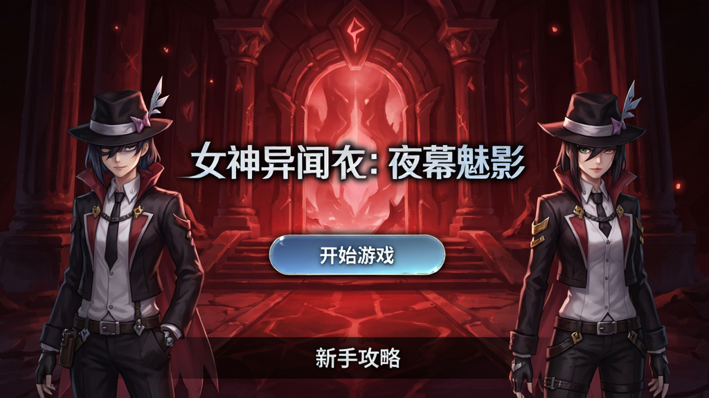 画面为手机游戏新手引导界面,画面中央显示“女神异闻录:夜幕魅影”标题与“开始游戏”按钮,背景为红色异世界殿堂入口,两侧站立两名怪盗角色,画面下方有“新手攻略”文字提示,风格为日系游戏UI,画质高清,干净无多余元素