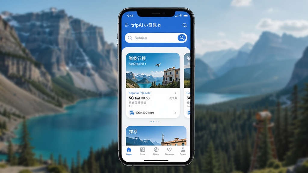 一张展示智能手机屏幕的图片,屏幕中呈现tripAI小奇旅行App的主界面,界面布局清晰,上方显示目的地搜索栏,中部为智能行程推荐卡片,底部有导航菜单栏,整体配色以蓝白为主,风格清新简约,背景虚化为旅行风景,画质高清,干净整洁,无多余元素