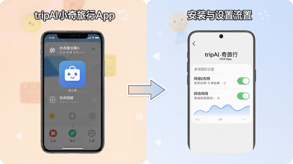 一张展示tripAI小奇旅行App安装与设置流程的图片,画面分为左右两部分,左侧为手机安装界面,右侧为权限设置界面,中间用箭头连接,界面清晰展示存储权限和网络权限开关,整体风格简洁教程风,配色柔和,画质高清,文字清晰可读,无多余装饰