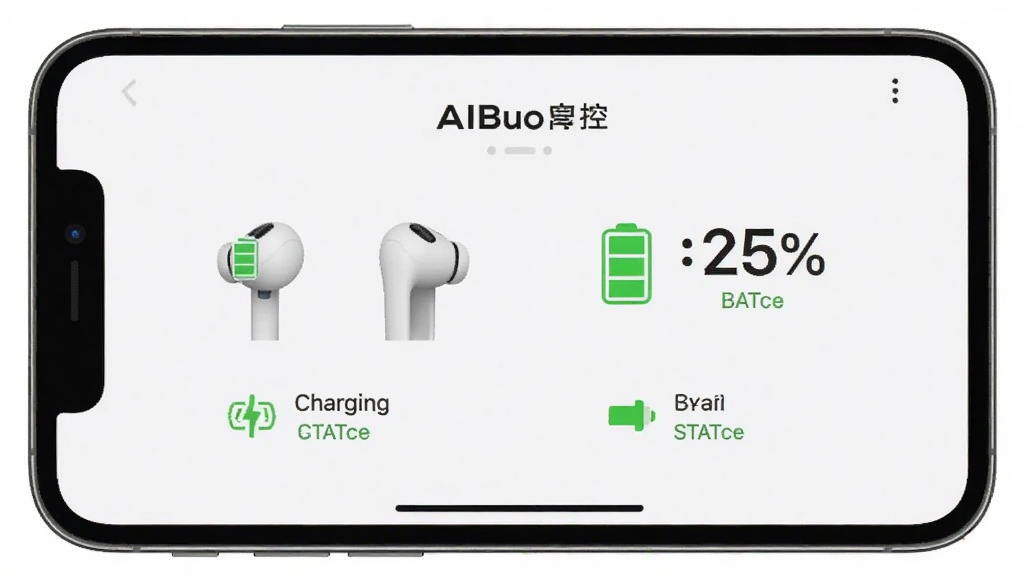 AIBuds电量监控界面,手机屏幕显示左右耳机与充电仓的电量百分比,包含电池图标与充电状态,背景为白色,布局简洁,画质清晰,干净,无多余元素