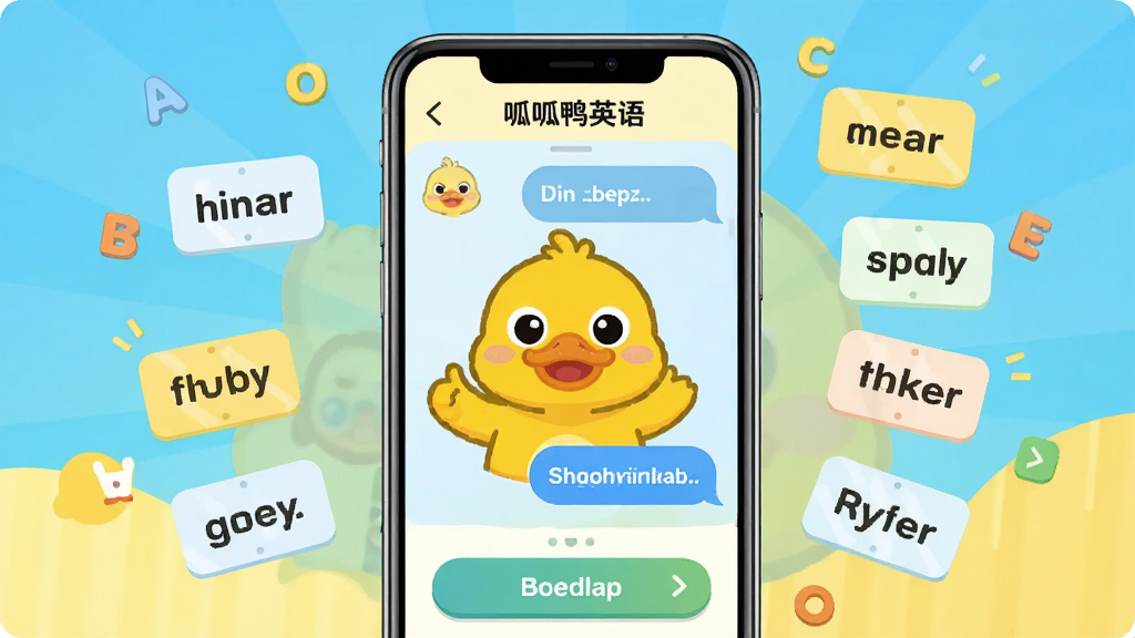 画面中央展示一部智能手机,手机屏幕中显示呱呱鸭英语APP的卡通鸭子吉祥物正在与用户进行英语对话练习,屏幕周围漂浮着英文字母和单词卡片,背景为明亮的浅蓝色和浅黄色渐变,整体布局采用居中对称构图,风格为扁平化卡通插画,细节上突出鸭子的可爱表情和界面按钮,画质清晰干净,无多余元素,文字内容为“呱呱鸭英语”