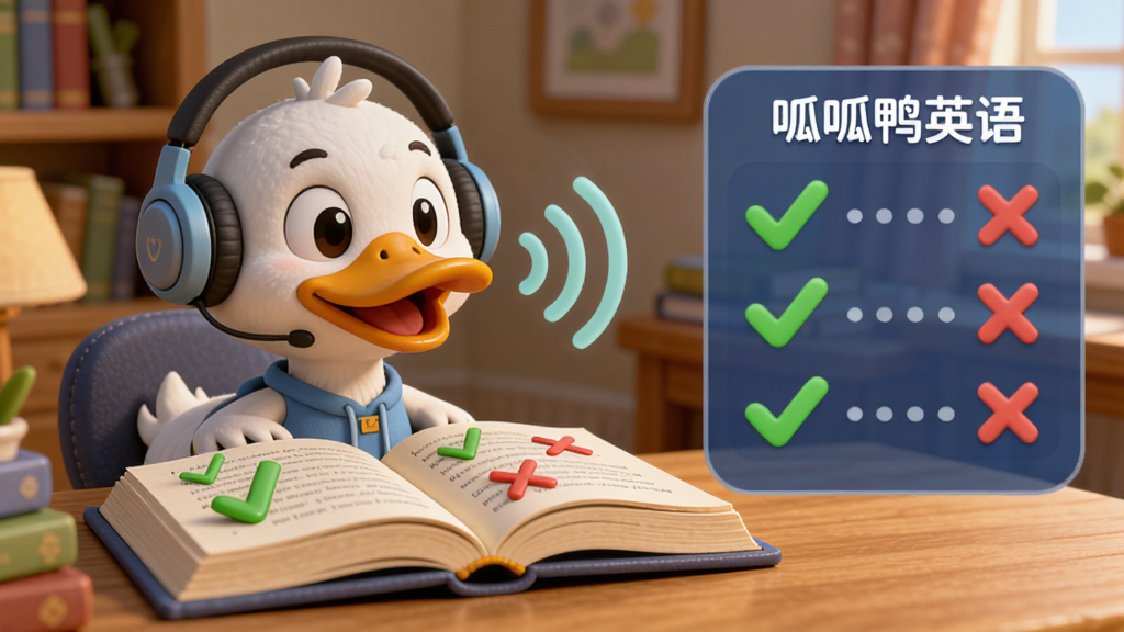 一只戴着耳机的卡通鸭子坐在书桌前,面前放着一本打开的英语书,书页上浮现出绿色的对勾和红色的叉号评分标记,鸭子嘴巴旁有音波符号,背景是温馨的书房场景,布局为左右结构,左侧为鸭子主体,右侧为评分面板,风格为3D卡通渲染,细节上注重书本纹理和音波线条,画质高清干净,无多余元素,画面中标注文字“呱呱鸭英语”