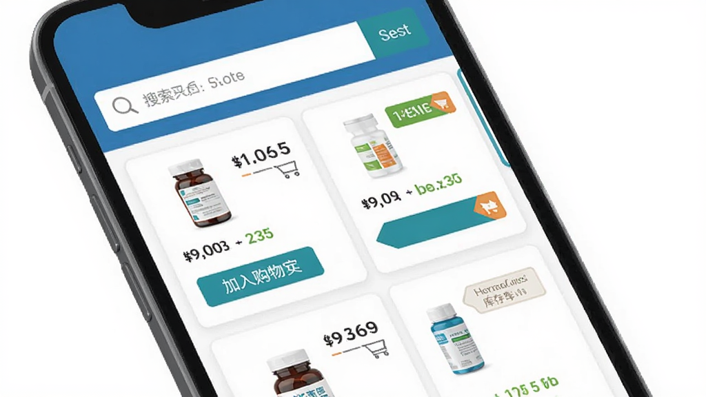 法和药业网电子商务交易平台药品在线交易界面,画面主体为手机屏幕显示药品列表与价格标签,布局采用上下结构上方搜索框下方商品卡片,风格扁平化商务风,细节包含加入购物车按钮与库存提示,画质清晰,干净无多余元素