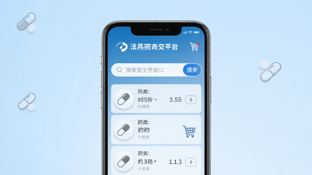 法和药业网电子商务交易平台官方主界面展示图,画面中央为手机屏幕内呈现药品分类列表与搜索栏,背景为浅蓝色渐变,布局简洁清晰,风格商务科技感,细节包含药丸图标与购物车元素,画质高清,画面干净无多余元素
