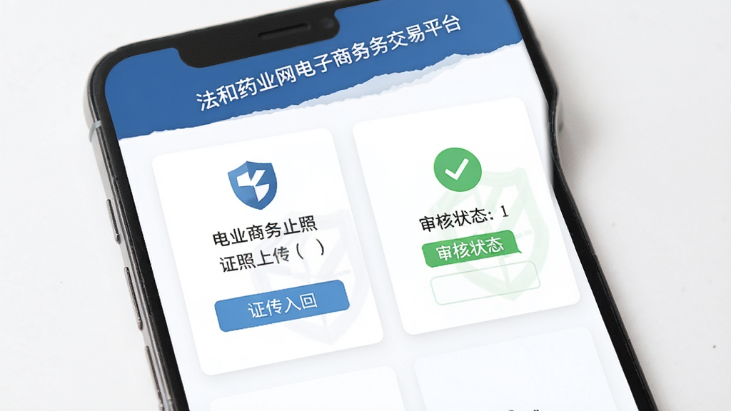法和药业网电子商务交易平台企业资质管理页面,画面为手机屏幕显示证照上传入口与审核状态标签,布局采用卡片式排列,风格简洁专业,细节包含盾牌图标与对勾标识,画质高清,干净无多余元素