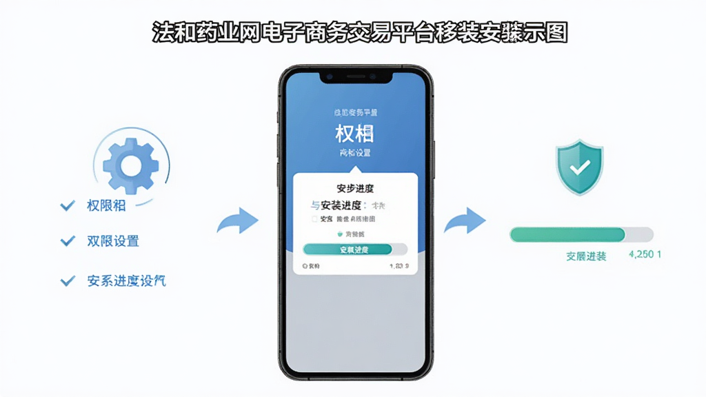 法和药业网电子商务交易平台移动端安装步骤示意图,画面为手机屏幕展示权限设置与安装进度条,布局采用分步图示排列,风格简洁明快,细节包含齿轮图标与盾牌安全标识,画质清晰,干净无多余元素