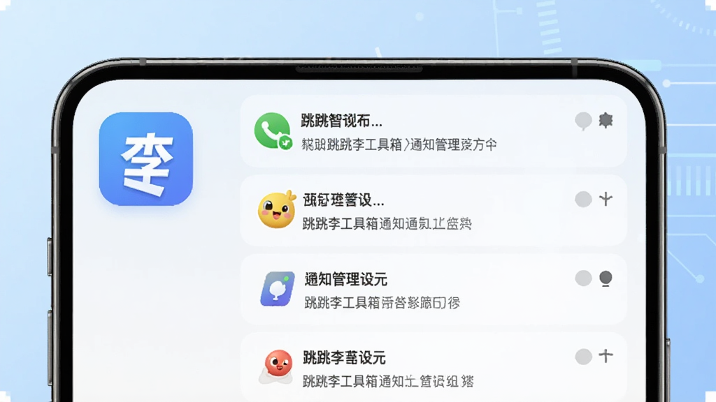 一张展示跳跳李工具箱通知管理功能的界面图片,画面中一部手机的通知栏被智能整理,左侧显示跳跳李工具箱图标,右侧是分类整齐的通知列表,背景为淡蓝色科技感渐变,风格简洁现代,画质清晰,无多余元素