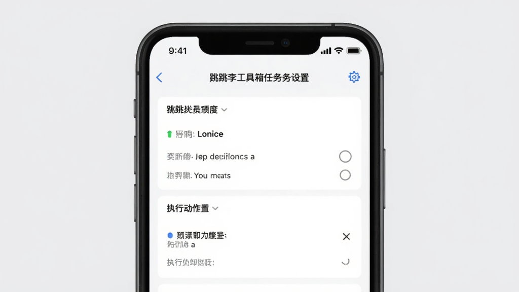 一张展示跳跳李工具箱自动化任务设置界面的图片,画面中手机屏幕显示任务配置页面,包含触发条件和执行动作的选项列表,界面布局清晰,背景为浅灰色简约风格,画质清晰,无多余元素