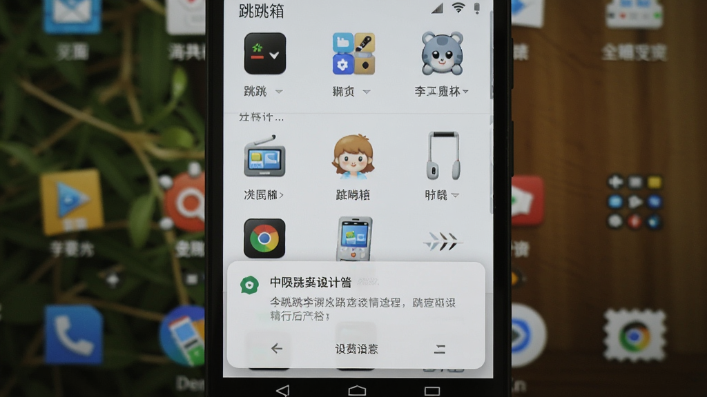 一张展示跳跳李工具箱在安卓手机上运行的界面截图风格图片,画面中手机屏幕显示工具箱主页面,下方有权限设置提示弹窗,背景为手机桌面,风格真实自然,画质清晰,无多余元素