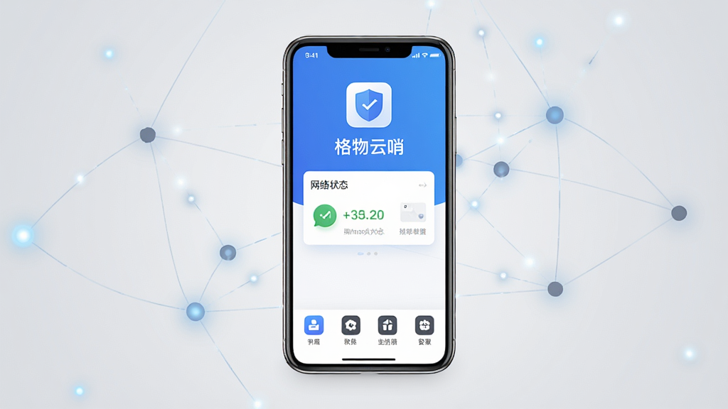 画面中央一部智能手机,手机屏幕上显示“格物云哨”应用主界面,界面以蓝白配色为主,顶部有盾牌图标,中间显示网络检测状态卡片,底部有四个功能入口图标。背景为简洁的浅灰色渐变,周围环绕细微的网络节点连线与光点。整体风格为科技感扁平化UI设计,画质清晰,干净整洁,无多余元素,适合软件下载站展示。