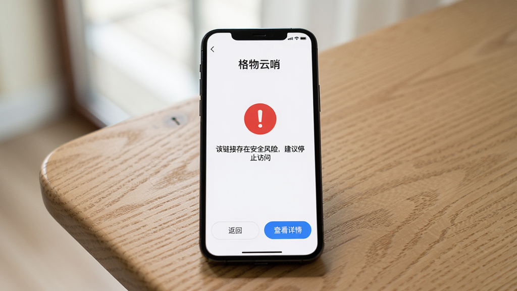 手机屏幕显示“格物云哨”的预警页面,页面中央有红色感叹号图标,下方文字为“该链接存在安全风险,建议停止访问”,底部有“返回”和“查看详情”按钮。手机放置在木质桌面上,背景简洁,光线自然。风格为写实UI展示,画质清晰,无多余装饰元素。