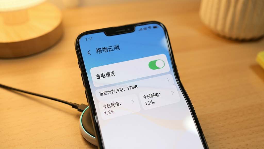 手机屏幕显示“格物云哨”的设置页面,页面中有“省电模式”开关处于开启状态,下方显示“当前内存占用:12MB”和“今日耗电:1.2%”的数据卡片。手机放置在无线充电器上,背景为柔和的暖色调桌面。风格为产品功能展示图,画质清晰,排版整洁,无多余元素。