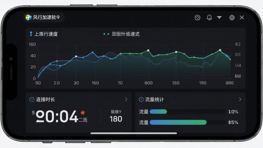 画面为手机屏幕显示风行加速软件的实时监测面板,面板包含上下行速度曲线图、连接时长数字和流量统计条,主体为数据面板,布局上下结构,排版整齐,风格为暗色仪表盘风格,细节包含曲线图和数字标签,画质锐利,干净无杂乱背景