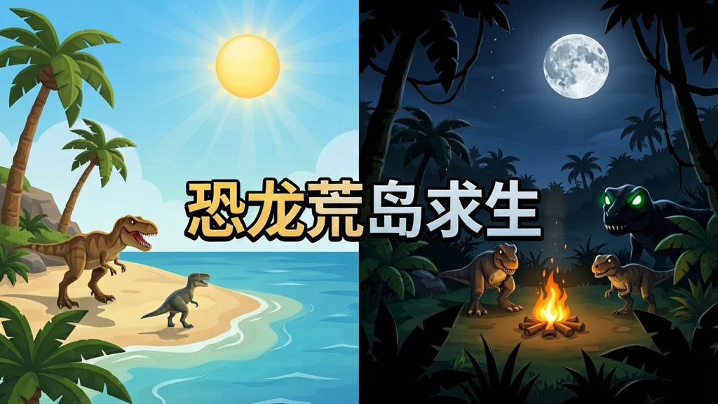 恐龙荒岛求生游戏昼夜交替场景对比图,左侧为白天阳光明媚的荒岛海滩场景,右侧为夜晚月光下的丛林场景,夜晚画面中有篝火光芒和远处恐龙发光的眼睛,画面中间有
