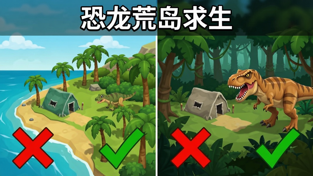 恐龙荒岛求生游戏新手避坑指南信息图,画面分为左右两部分,左侧展示正确的营地选址靠近海滩且远离丛林,右侧展示错误的营地选址在丛林深处被霸王龙袭击,画面中有红色叉号和绿色对勾标记,顶部有