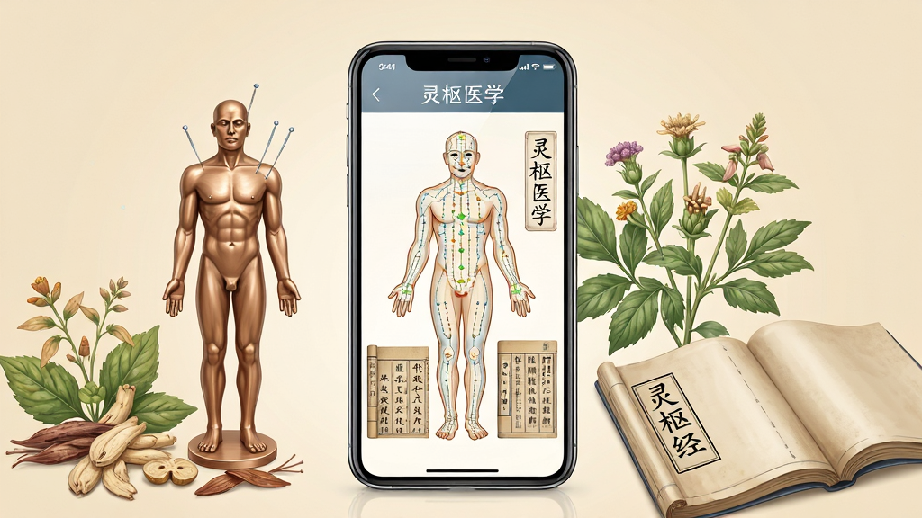 一幅展现中医文化与现代科技融合的场景图,画面中央放置一部智能手机,屏幕显示“灵枢医学”应用界面,界面中有经络穴位图和中医古籍文字,手机周围环绕着淡雅的中草药植物、针灸铜人模型和展开的《灵枢经》书卷,背景为柔和的米黄色调,布局采用中心对称构图,风格为写实与插画结合,细节包括屏幕反光、植物纹理清晰可见,画质高清,干净,无多余元素