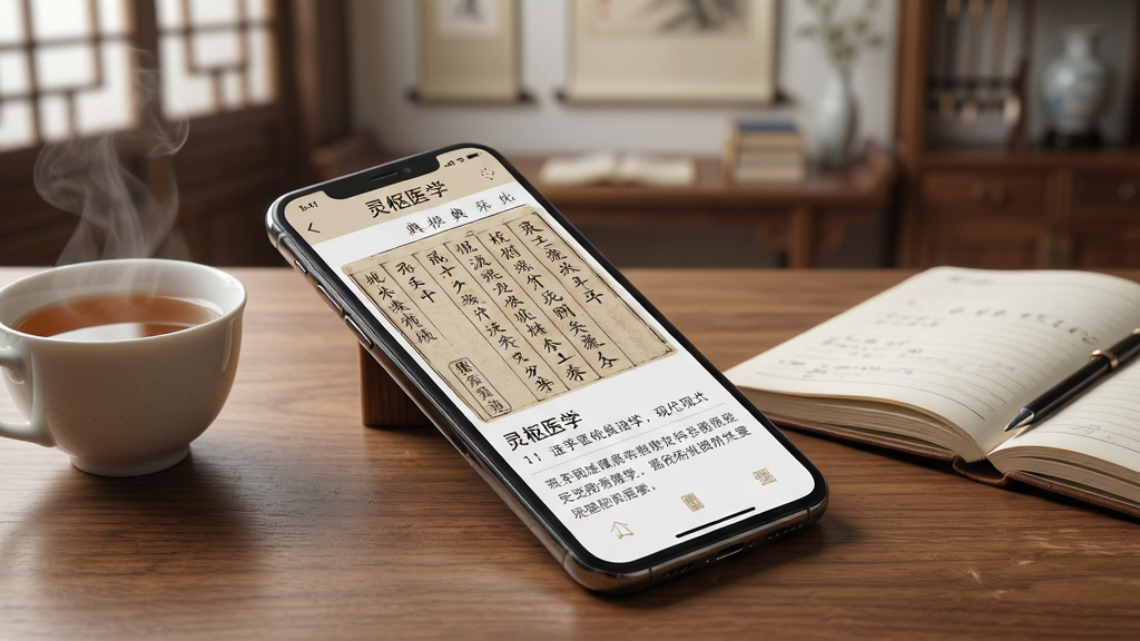 一部智能手机平放在木质桌面上,屏幕显示“灵枢医学”应用的典籍阅读界面,页面中有竖排繁体中医古文和现代白话注解对照,手机旁边放着一杯热茶和一本翻开的笔记本,背景是虚化的中式书房环境,风格清新写实,细节表现屏幕文字清晰、木纹质感真实,画质高清,干净,无多余元素