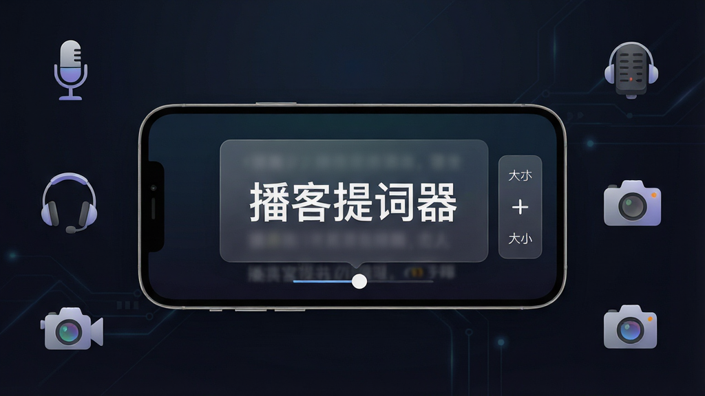 播客提词器手机应用界面展示,中心位置一部智能手机横屏放置,屏幕上显示悬浮提词窗口,文字清晰滚动,背景为简洁的深色渐变,周围环绕麦克风、耳机、摄像机等播客设备图标,整体布局居中对称,风格现代科技感,细节包括半透明控制面板与字体大小调节滑块,画质高清,干净无多余元素,画面中文字显示“播客提词器”