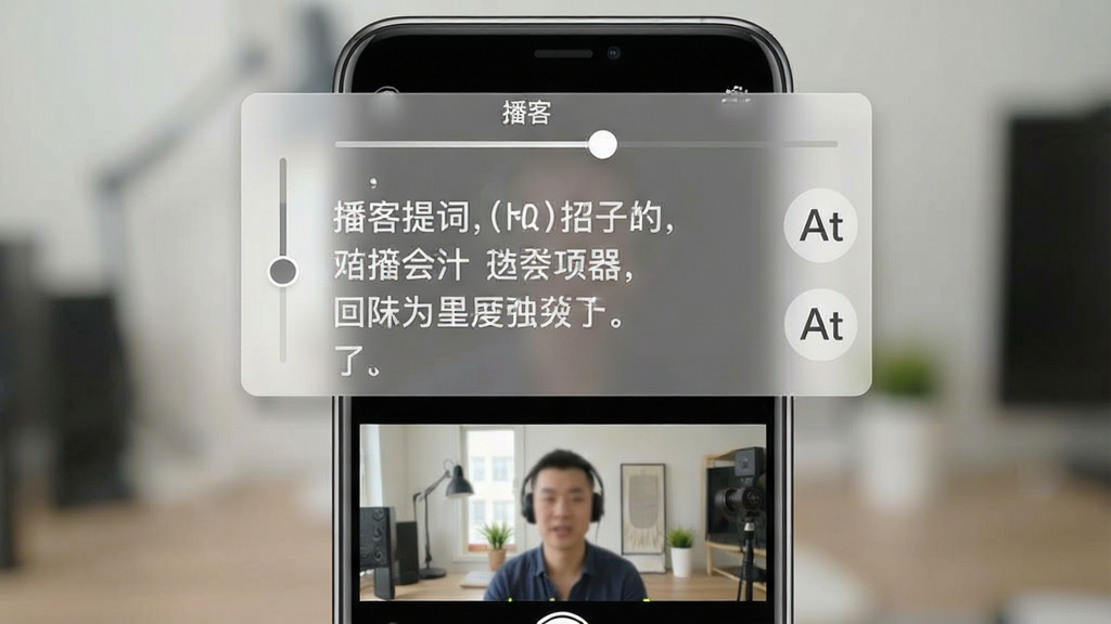 播客提词器悬浮窗功能演示图,主体为手机屏幕上方叠加半透明文字窗口,窗口内显示滚动台词,下方是相机取景画面,布局采用上下分层,风格为扁平化UI设计,细节包括拖动条、透明度调节按钮和字体大小图标,画质清晰,干净简洁,画面中文字标注“播客提词器”