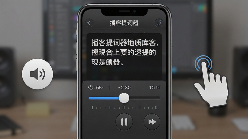 播客提词器速度调节界面,画面中央是手机屏幕显示提词文本与速度滑块,左侧为音量键图标,右侧为手势触控示意图,布局左右对称,风格为简约拟物化,细节包括速度数值刻度、暂停播放按钮、回退箭头,画质高清,干净无杂乱元素,画面中文字显示“播客提词器”