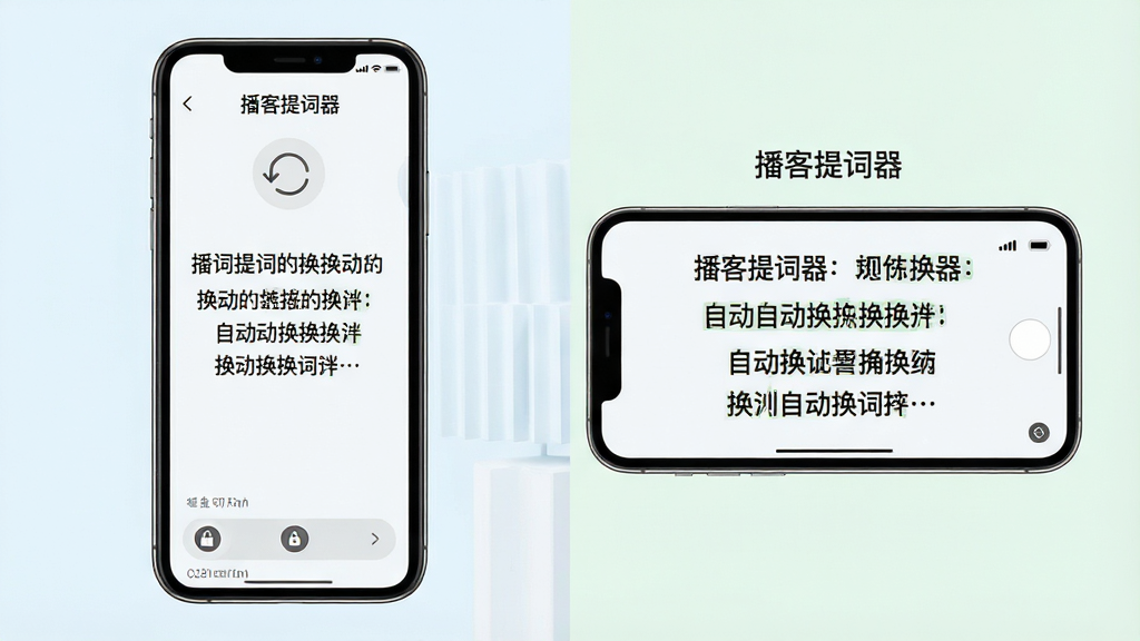 播客提词器横竖屏切换示意图,主体为两部手机并排展示,左边竖屏显示提词内容,右边横屏显示提词内容,布局为左右对比,风格为清爽浅色,细节包括旋转图标、屏幕方向锁定按钮、文字自动换行效果,画质清晰,干净整洁,画面中文字标注“播客提词器”