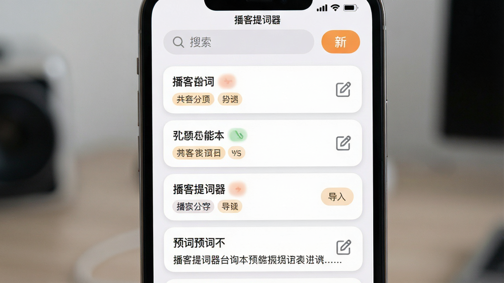 播客提词器台词本管理界面,画面为手机屏幕显示列表式台词本目录,每个条目带有标题和编辑图标,顶部有搜索框和新建按钮,布局为纵向列表,风格为柔和圆角卡片设计,细节包括分类标签、导入按钮、文本预览,画质高清,干净无多余元素,画面中文字显示“播客提词器”