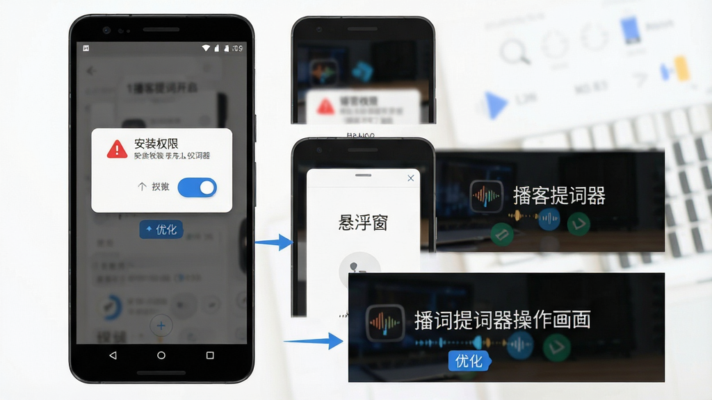 播客提词器移动端操作流程图,画面为一部安卓手机竖向展示,屏幕上依次呈现安装权限弹窗、悬浮窗开启界面、提词滚动画面三个步骤,布局为从上到下阶梯式排列,风格为扁平化教程图解,细节包括权限开关按钮、红色警示图标、蓝色优化标签,画质高清,干净整洁,画面中文字显示“播客提词器”