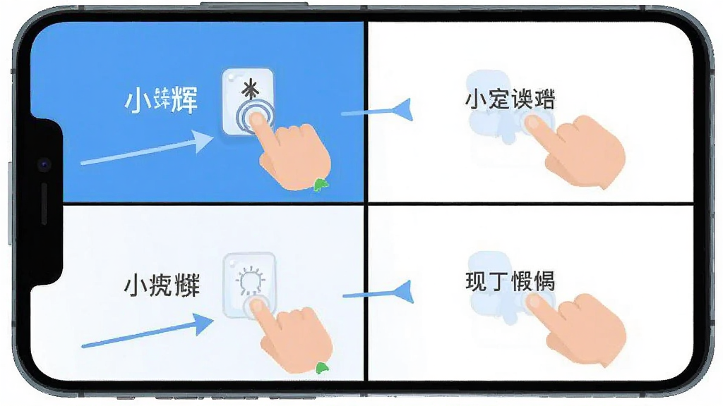 小辉付使用教程步骤图,主体为手机屏幕分屏展示四个操作步骤,布局为从上到下依次排列,排版清晰有序,风格扁平化设计,细节包含手指点击图标、箭头引导线、文字标注,画质干净整洁无杂乱背景