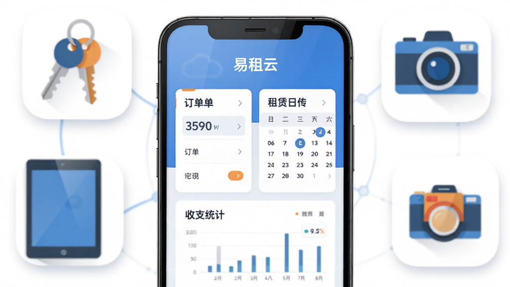 画面中央展示一部智能手机,手机屏幕内显示“易租云”应用的主界面,界面包含订单卡片、租赁日历和收支统计图表。手机周围环绕着钥匙、平板电脑、相机等租赁物品的扁平化图标。布局采用居中构图,手机为主体,图标呈半环形排列在手机后方。整体风格为现代扁平化科技风,色彩以蓝色和白色为主,点缀少量橙色。细节上手机屏幕有轻微反光,图标带有柔和阴影。画质清晰,干净,无多余元素。