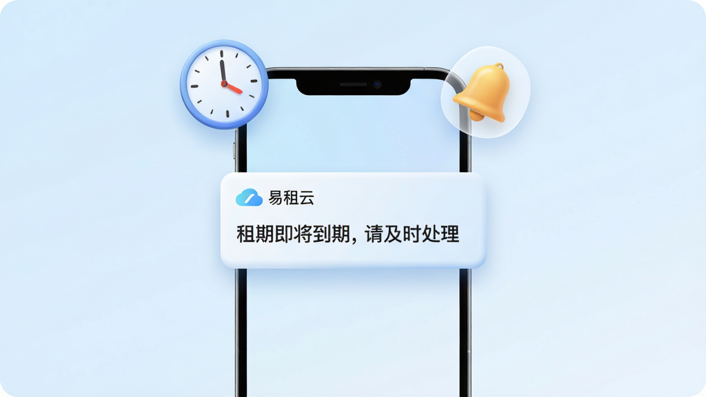 画面展示一部手机弹出“易租云”通知提醒,通知内容为“租期即将到期,请及时处理”。手机屏幕上方漂浮着一个时钟图标和一个铃铛图标,背景是淡蓝色的渐变。布局为竖向构图,手机居中,时钟和铃铛分别在手机左上和右上。风格为清新简约风,色彩柔和。细节上通知卡片有轻微的立体感,时钟指针指向即将到期的时刻。画质清晰,干净,无多余元素。